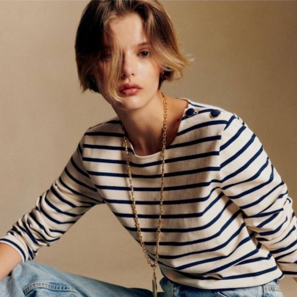 Sézane Colette Mariniere Striped Top Ecru Navy Shoulder Button Breton Size M